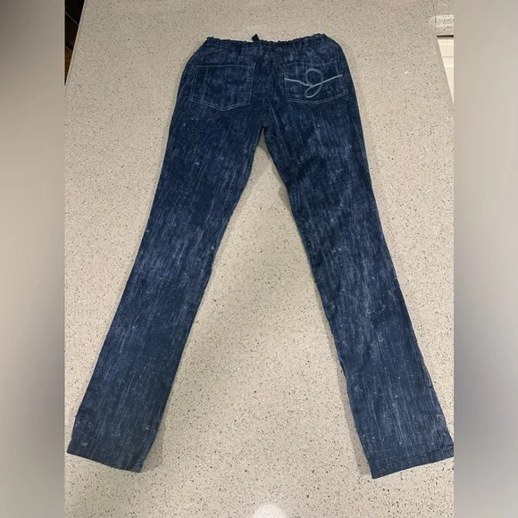 Jaanuu Scrub Set Denim Print Peplum Top Zippers Gold Details XS - Picture 6 of 16